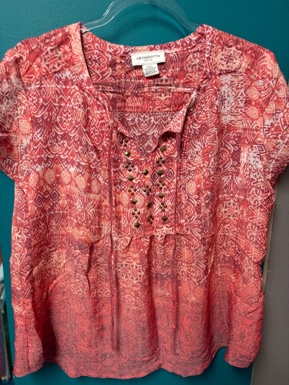 Liz Claiborne Coral & Cream Printed Short Sleeve Tunic